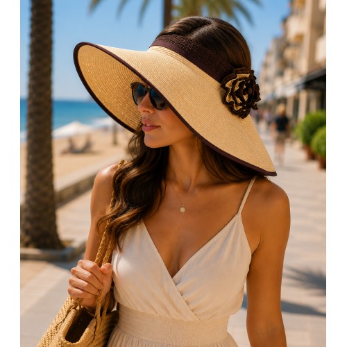 Straw Visor Hats - Foldable Accent With Matching Flowers - Natural - HT-5250NT